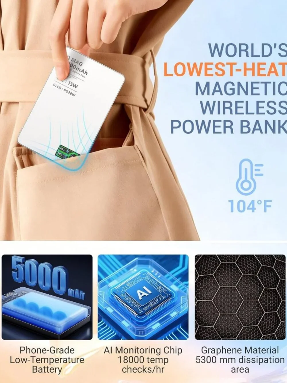 5000mAh Fast Wireless Power Bank for iPhone & Apple Watch, Ultra Slim 3-in-1